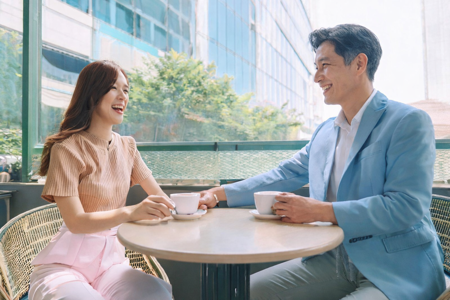 新小岩の結婚相談所のイメージ｜カフェで談笑するカップルの婚活デート風景